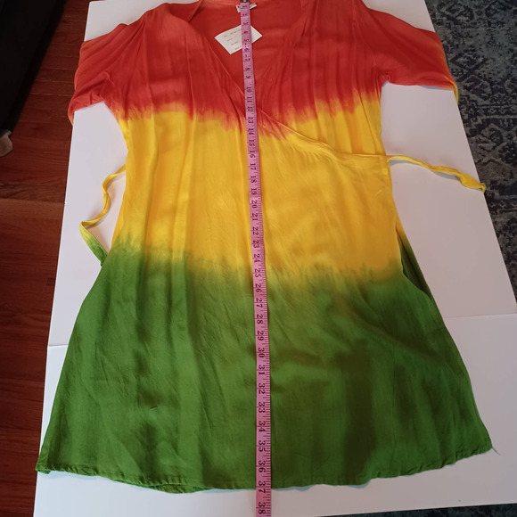 Rainbow Dress ONE SIZE Tie-dye Ombre Wrap Front Cover Up Embroidered Sleeve NEW - Picture 9 of 10